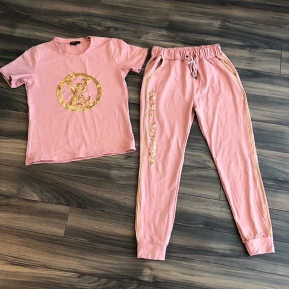 Pants - Pink Small Sequin Pants Shirt LV Gold